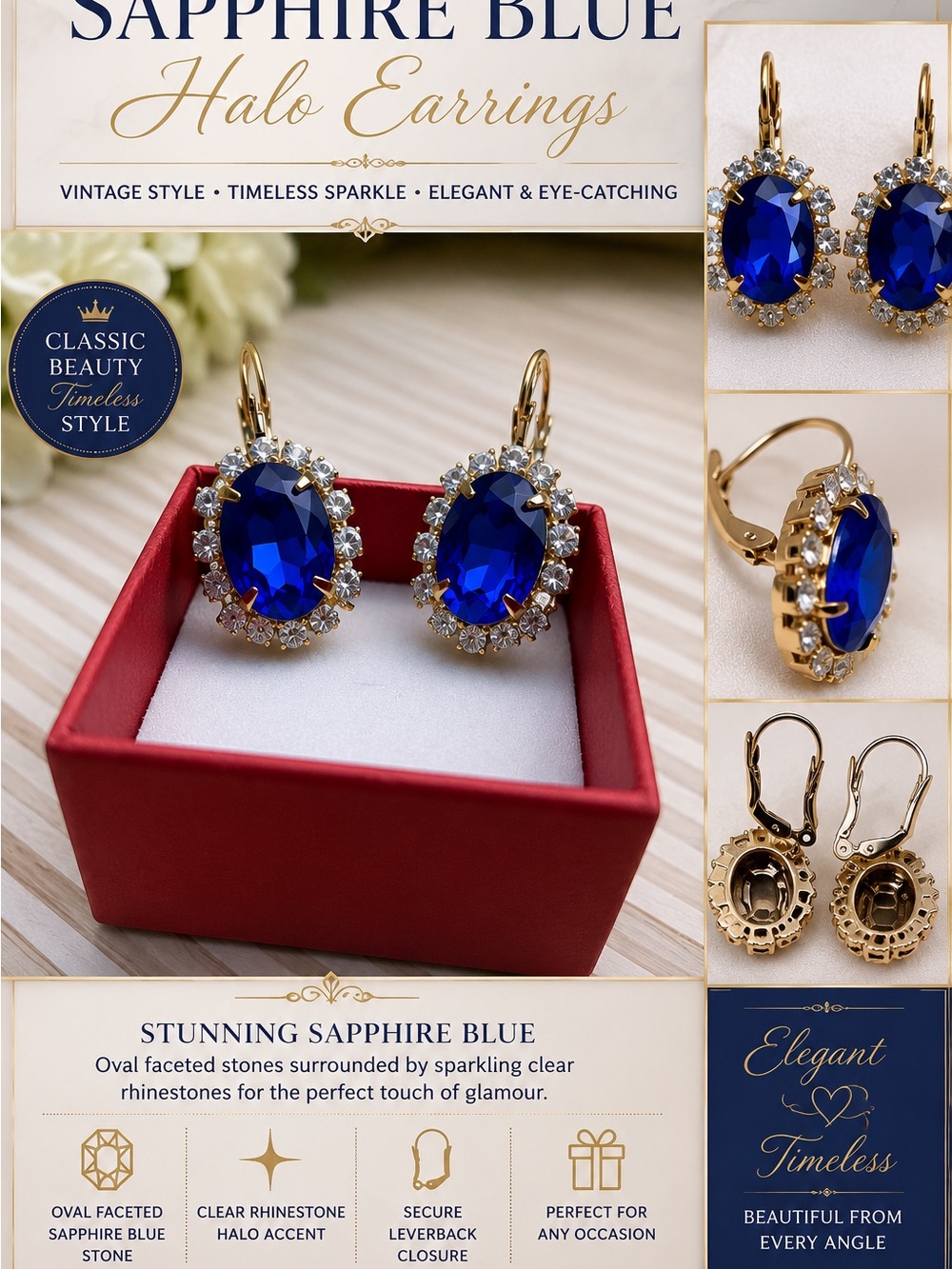 Sapphire Blue Halo Earrings - Picture 3 of 4